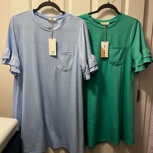 2 tshirt dresses. Front pocket. Double ruffle sleeve